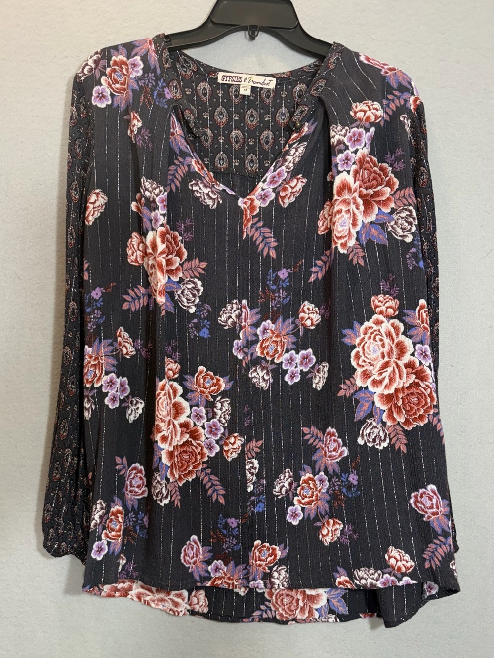 Whimsigoth Floral Fairy Blouse Black Boho Peasant Long Sleeve M